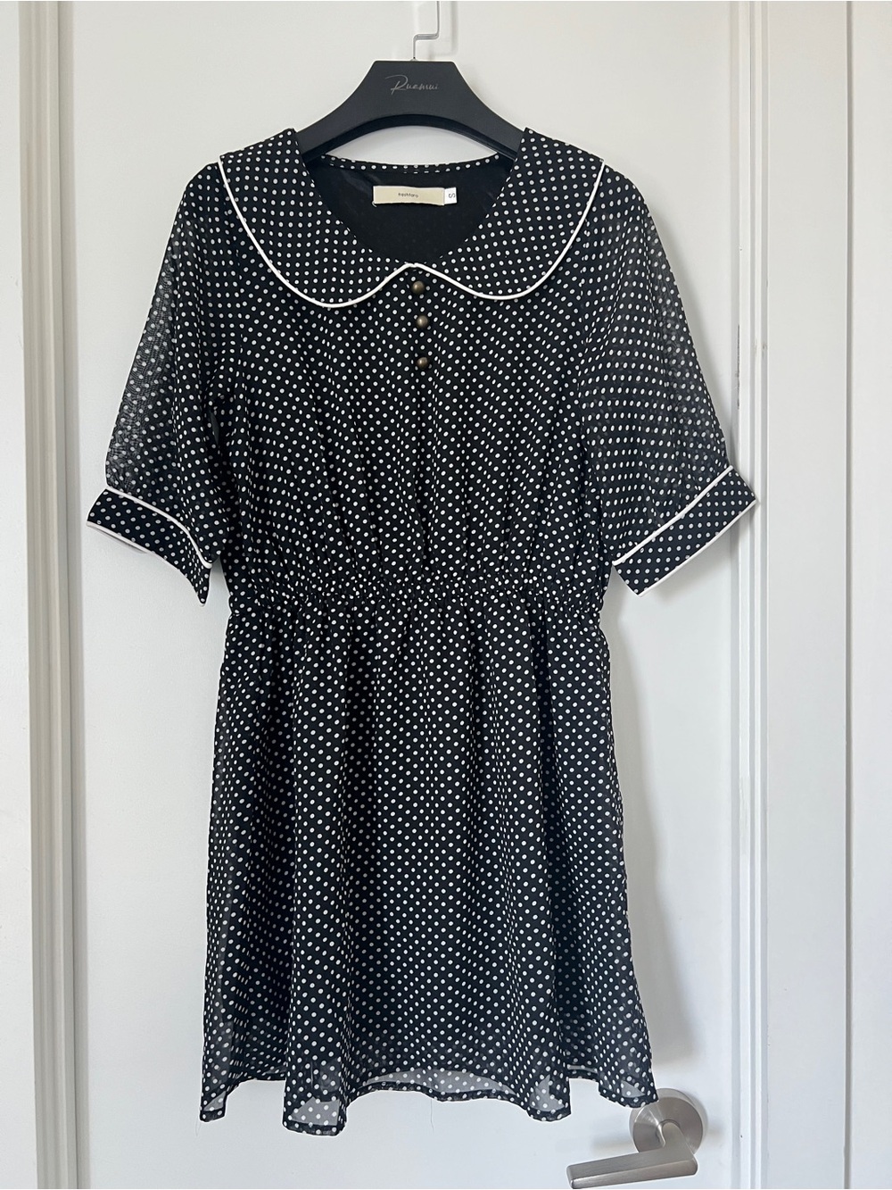 Black Polka Dot Short Sleeve Dress with White Trim